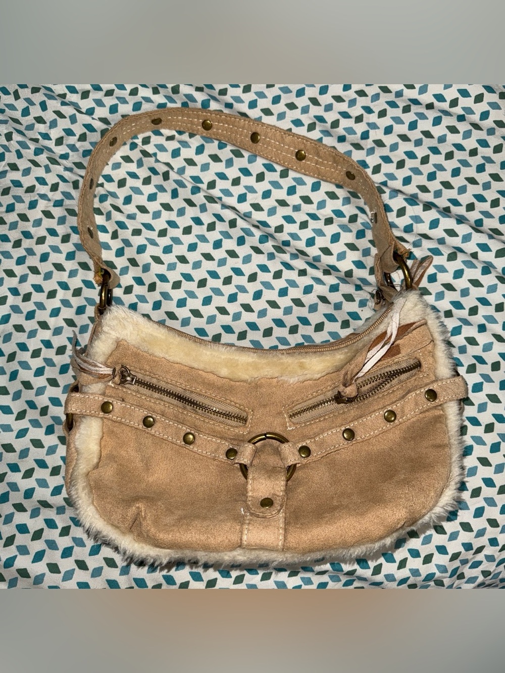 Tan Suede and Shearling Shoulder Bag
